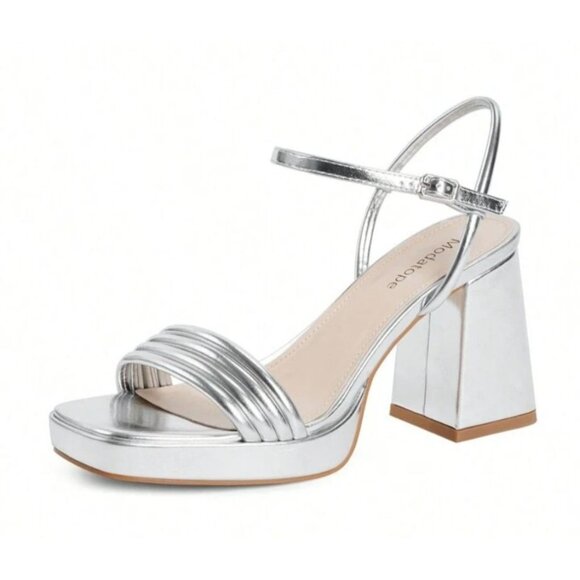 Womens 8.5 Silver Block Heel Sandals Strappy Adj Ankle Strap Party Wedding Sexy - Picture 2 of 13